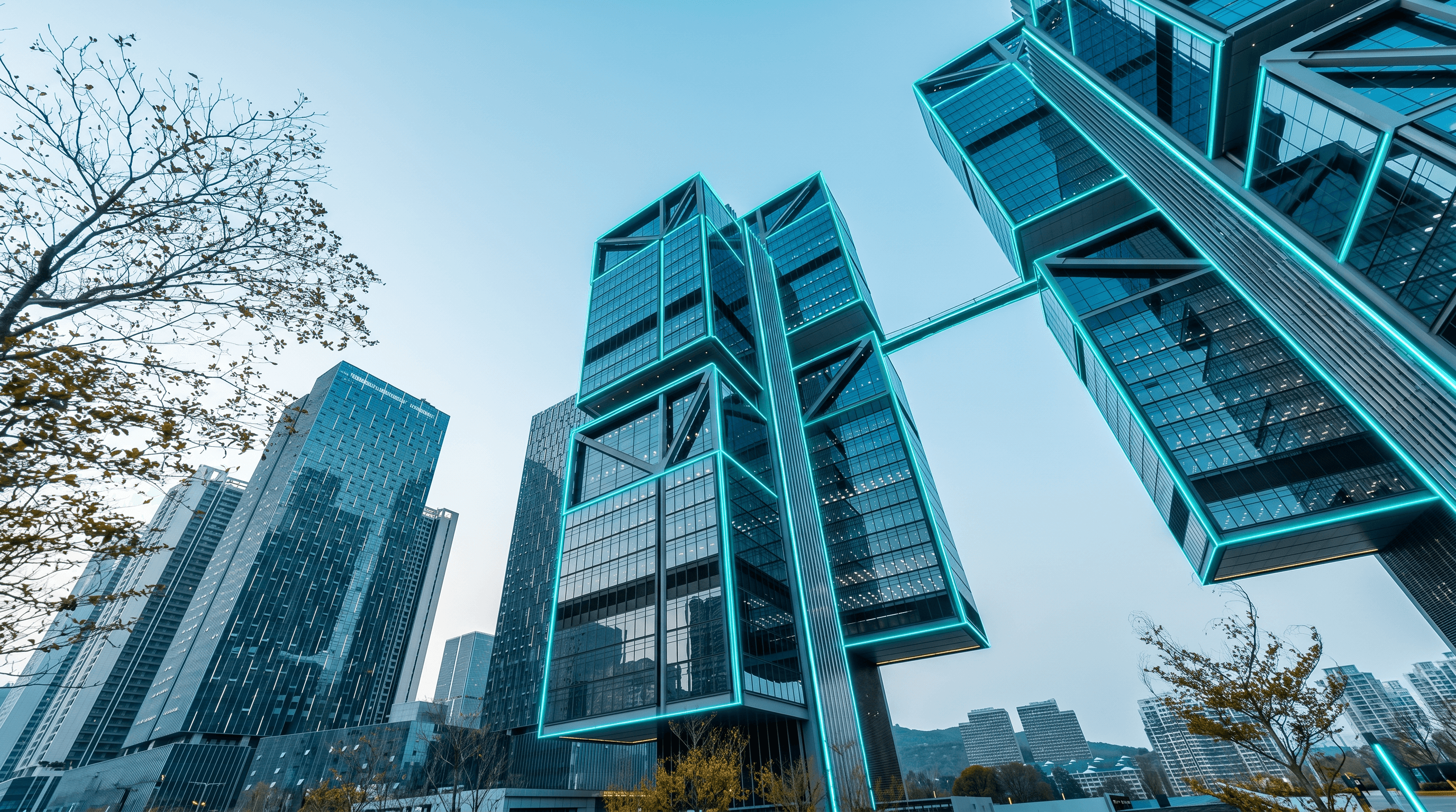 Low-angle view of modern glass skyscrapers against a clear sky, framed by tree branches
